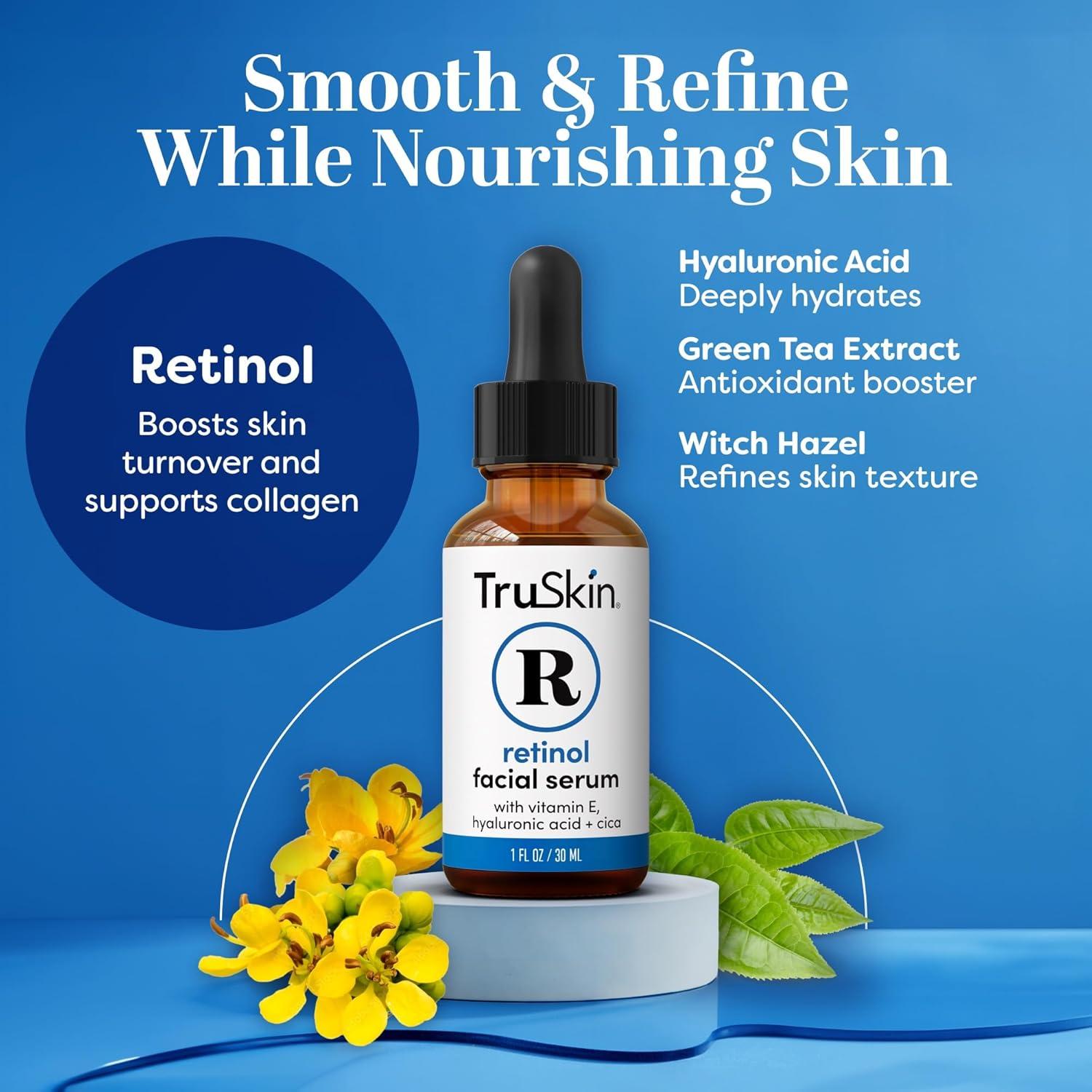 image:imageTruSkin Retinol Serum for Face Gentle Skin Friendly AntiAging Retinoid with Hyaluronic Acid Cica amp Vitamin E Retinol Facial Serum for SmootherLooking Skin amp Improved Texture 2 Fl Oz1 Fl Oz Pack of 1