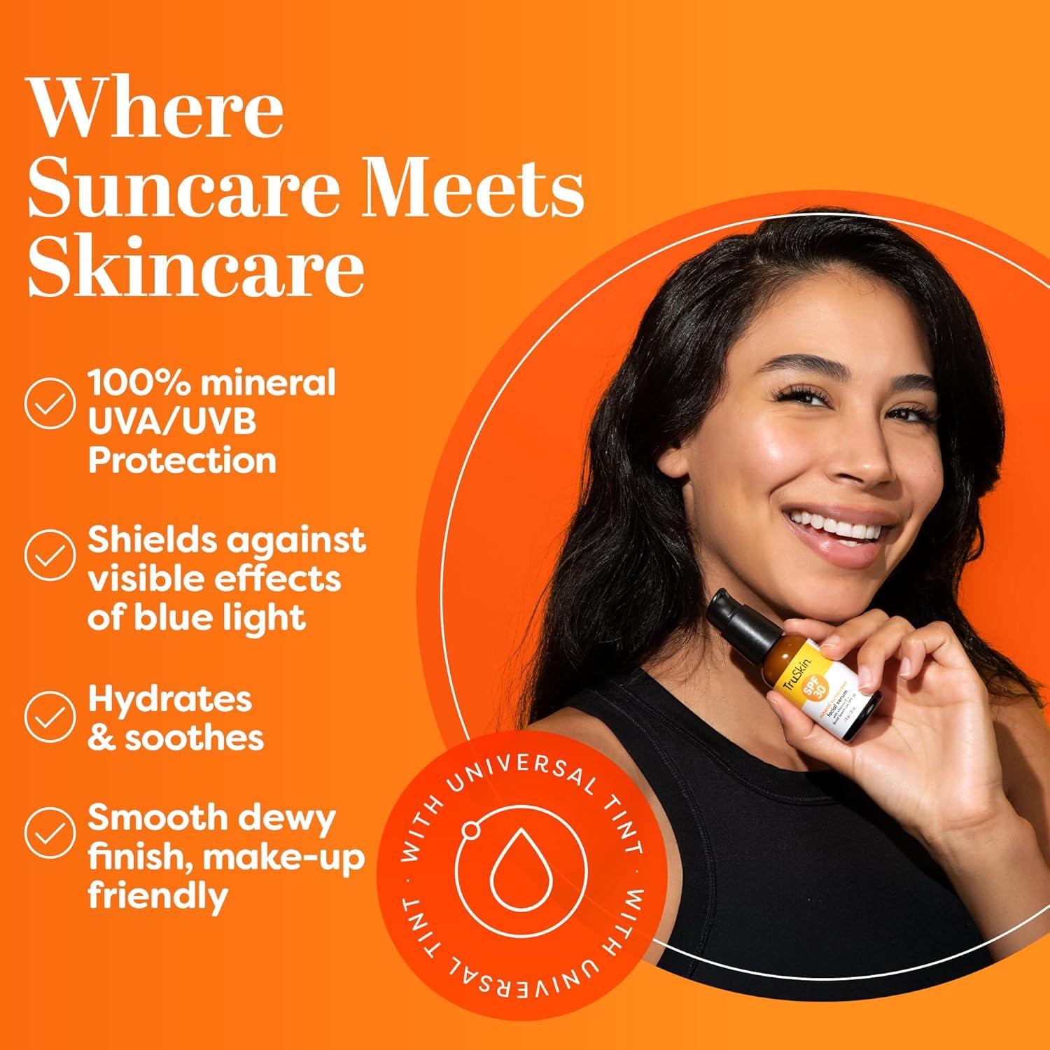 image:imageTruSkin Sunscreen Serum for Face SPF 30 Universal Tinted Mineral Sunscreen Face Serum Lightweight Transparent Finish Zinc Oxide Vitamin C Hyaluronic Acid Ceramides All Skin Types 1 fl oz