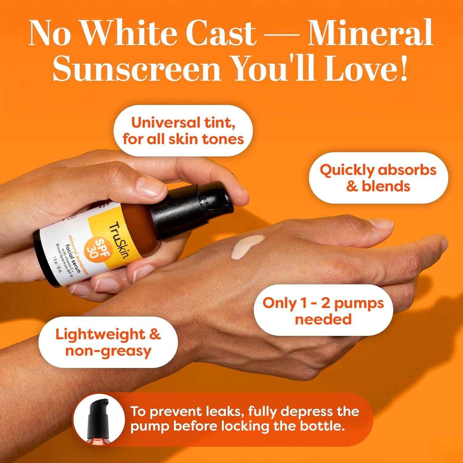 image:imageTruSkin Sunscreen Serum for Face SPF 30 Universal Tinted Mineral Sunscreen Face Serum Lightweight Transparent Finish Zinc Oxide Vitamin C Hyaluronic Acid Ceramides All Skin Types 1 fl oz