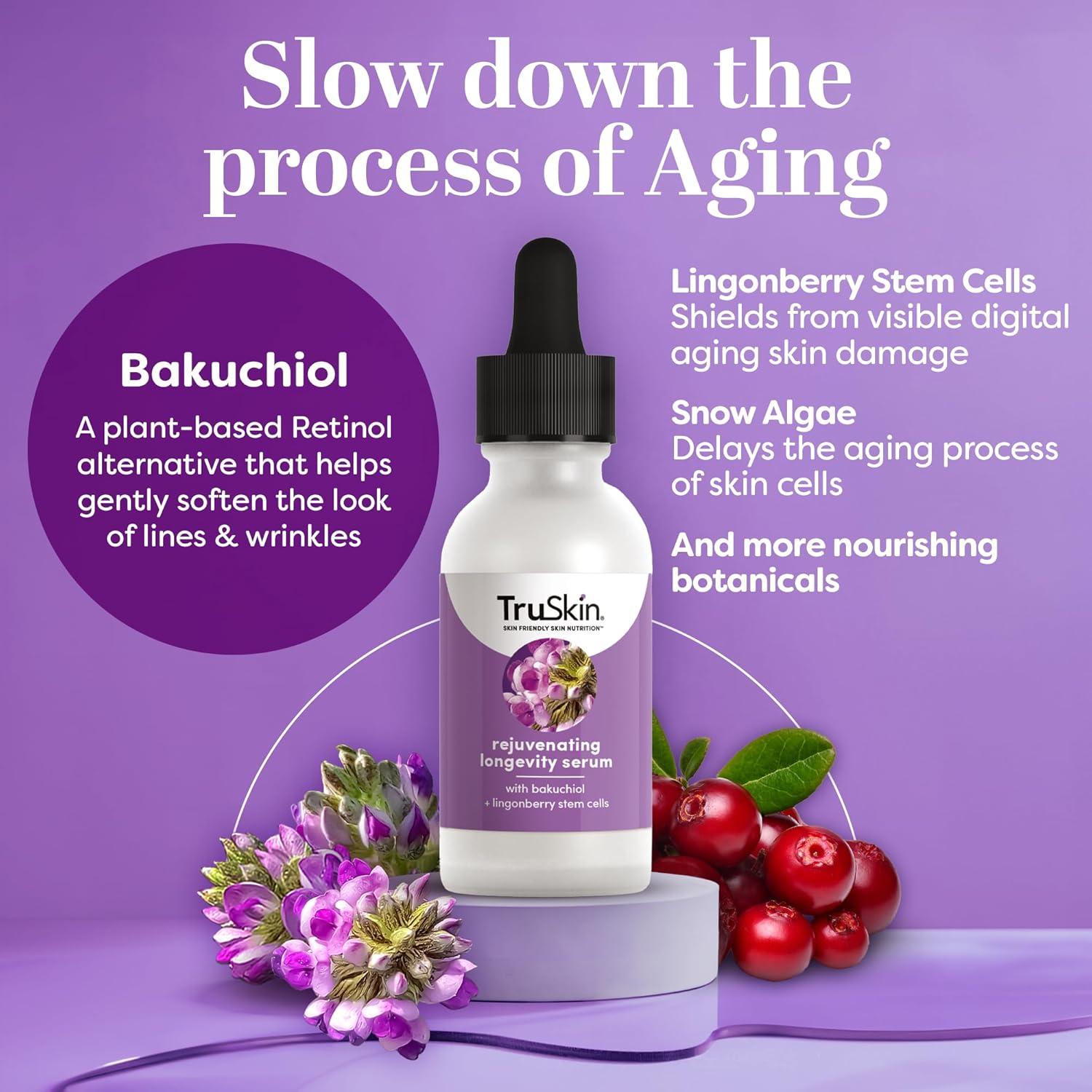 image:imageTruSkin Longevity Bakuchiol Serum Rejuvenating Face Serum with Lingonberry Stem Cells amp Snow Algae Healthy Aging Gentle Retinol Alternative Improves Appearance of Wrinkles 1 fl oz