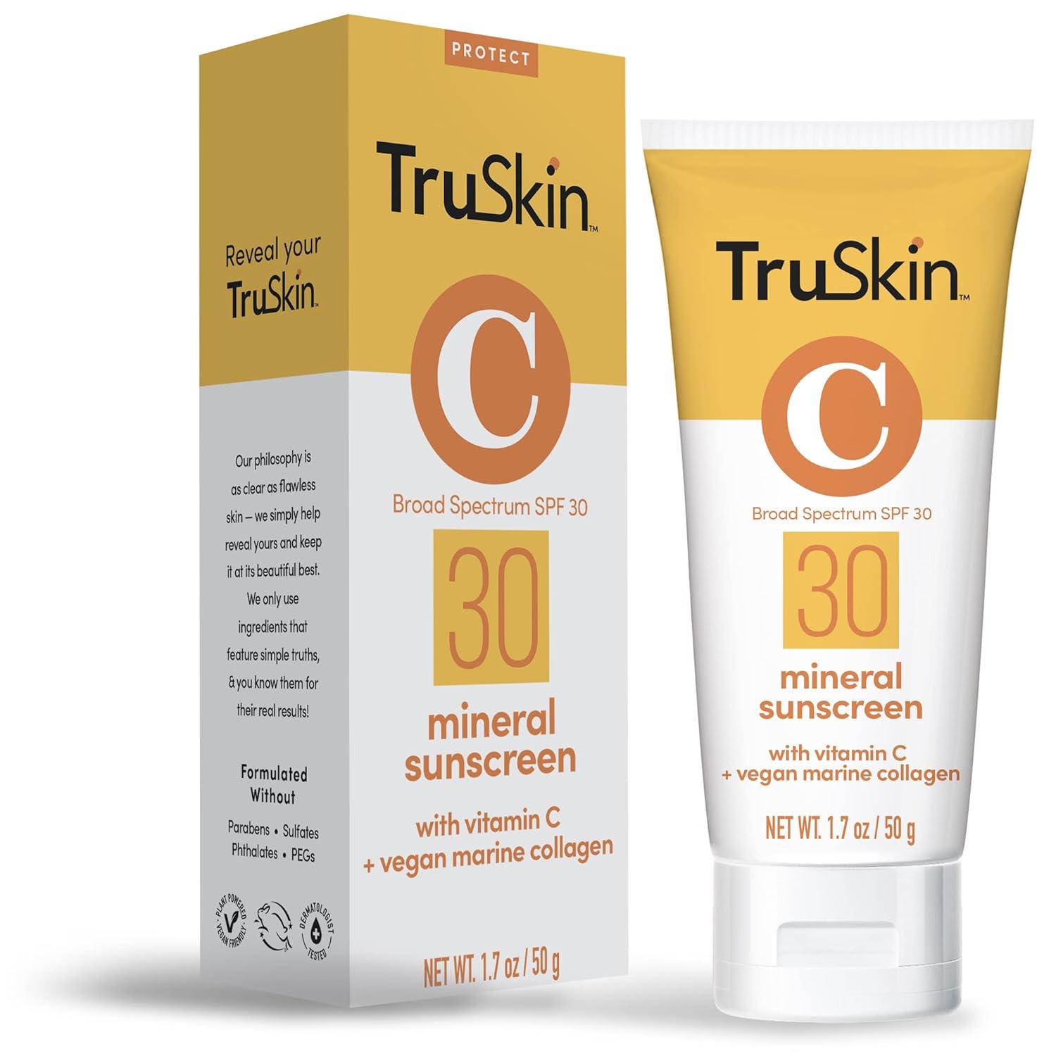 image:imageTruSkin Mineral Sunscreen SPF 30 Broad Spectrum Mineral Sunscreen for Face with Zinc Oxide Vitamin C amp Vegan Marine Collagen Lightweight SPF for Sensitive Skin 17 fl oz