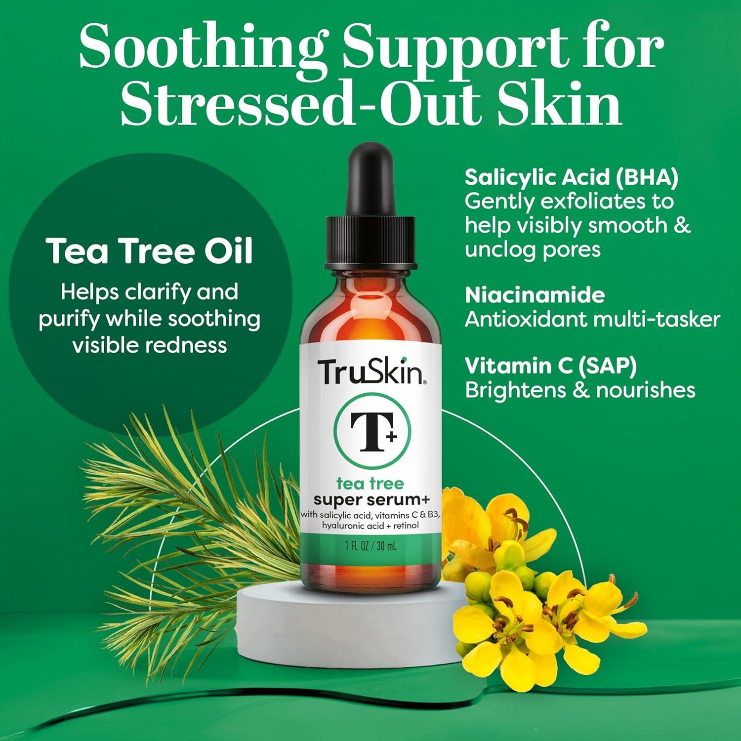 image:imageTruSkin Tea Tree Oil Acne Treatment Serum for Face Salicylic Acid Niacinamide Vitamin C amp Retinol Clarifying Super Facial Serum for AcneProne Skin amp Pores 2 Oz1 Fl Oz Pack of 1