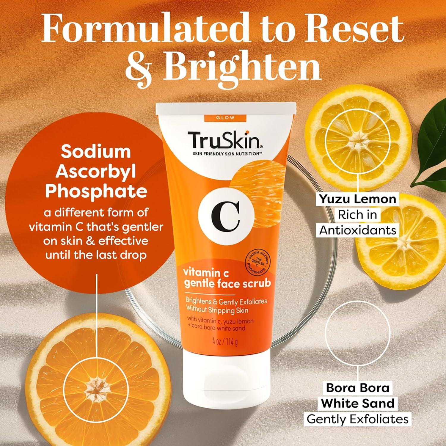 image:imageTruSkin Vitamin C Gentle Face Scrub Brightening Daily Face Exfoliator for All Skin Types Softens amp Smooths Skin with Vitamin C Yuzu Lemon and Exfoliating Bora Bora White Sand 4 Fl Oz